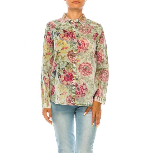 NEW MAGAZINE CLOTHING floral printed button-down shirt in basil - Picture 1 of 3